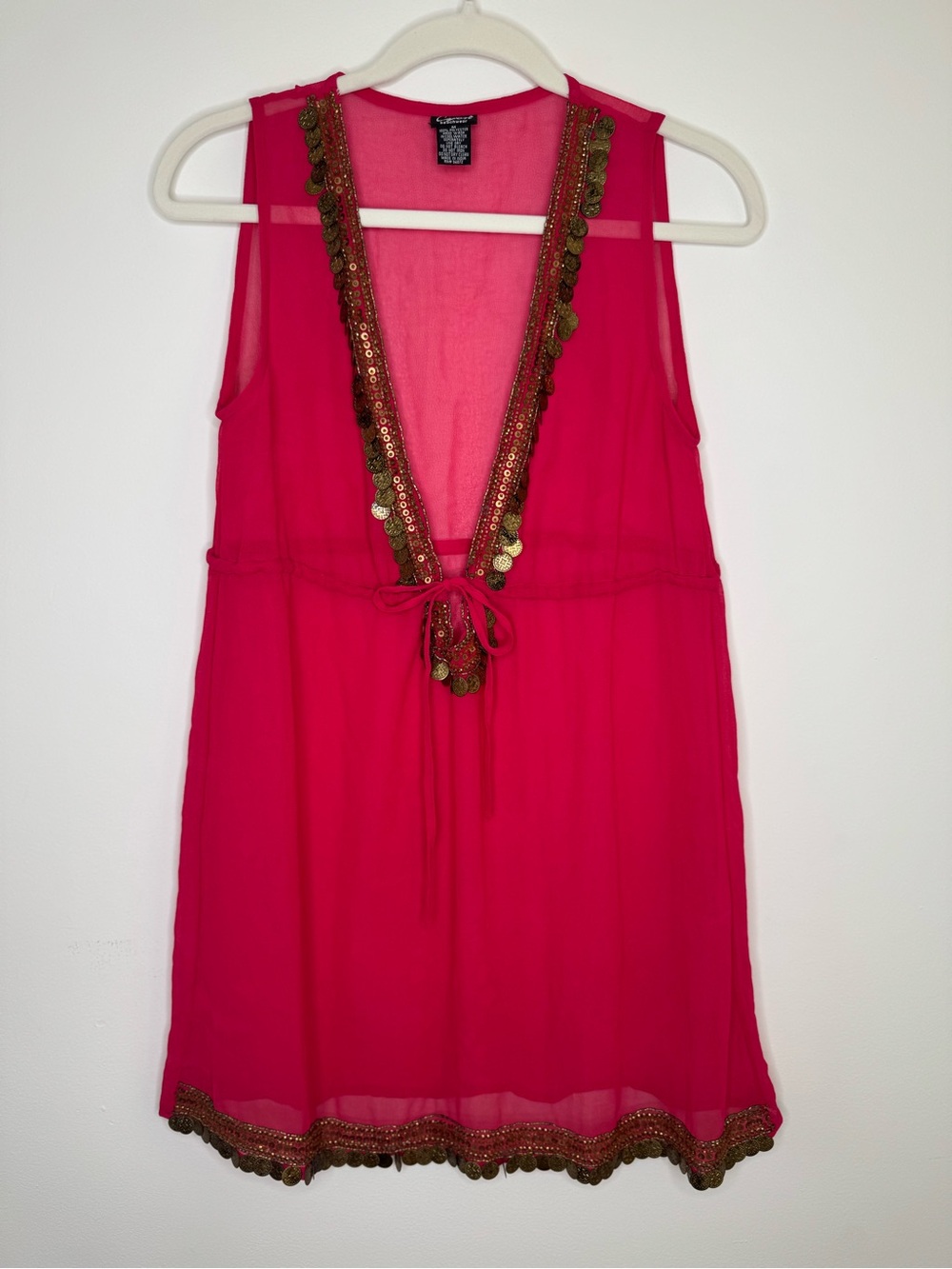 Cejon Hot Pink Coin Beaded V-Neck Sleeveless Coverup Boho Sz Medium